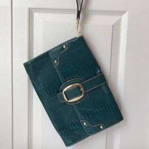 teal/green faux snakeskin clutch, gold hardware
